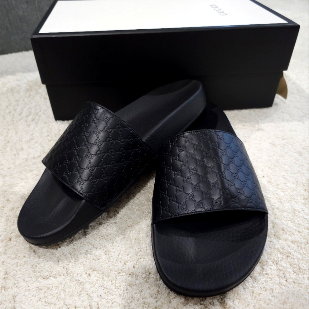GUCCI Micro Guccissima Men's Black Slides Sandals 567115